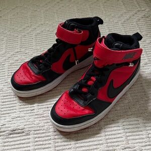 B15 Nike Kids 4.5 Years Black and Red Velcro High Top Sneakers